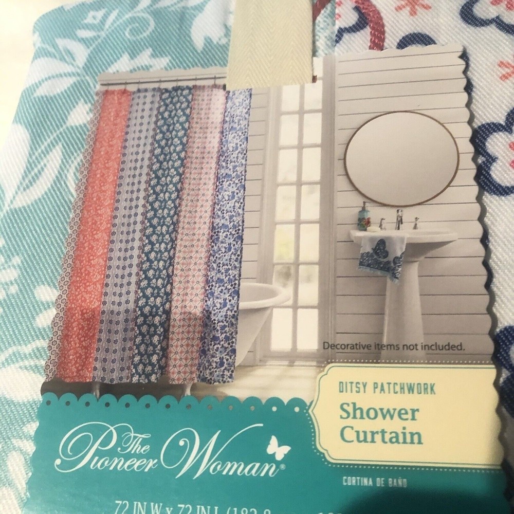 Pioneer Woman Ditsy Patchwork Shower Curtain! 72x72 Blue Aqua & White - Picture 3 of 7